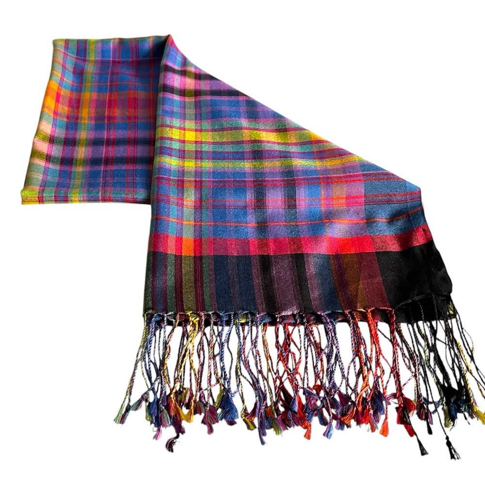 Echo silk plaid square scarf with fringe